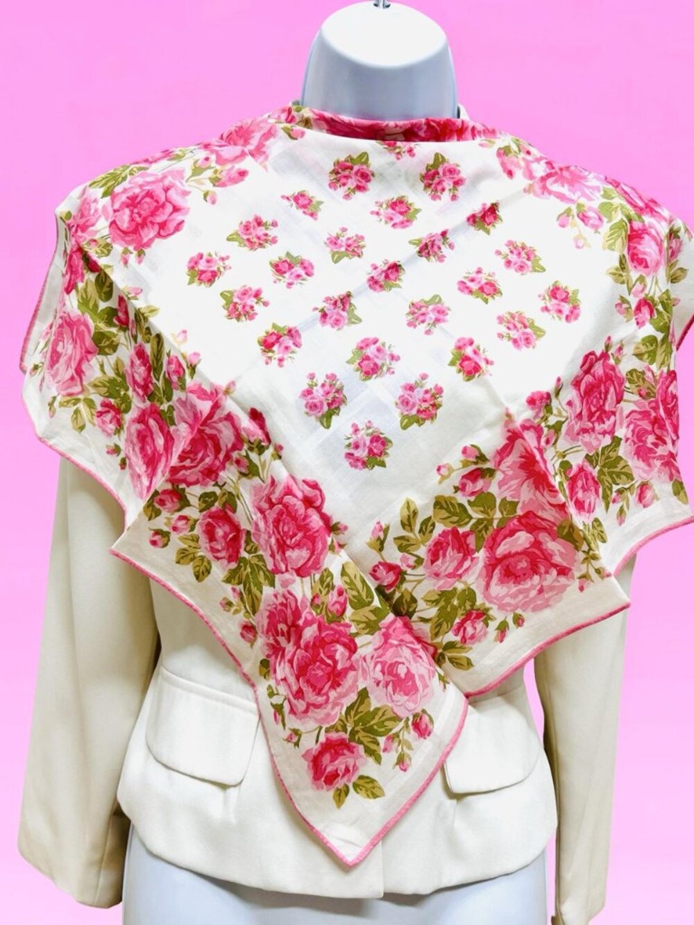 Yves Saint Laurent  Neck-Kerchief Cotton made 21.5"  Pink white  roses (78